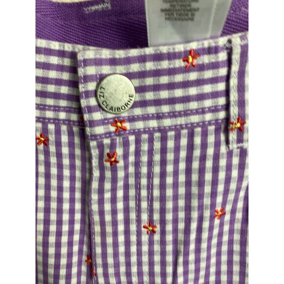 Liz Claiborne Women Cropped Pants Purple Gingham Plaid Floral Embroidered Size 8 - Picture 13 of 15